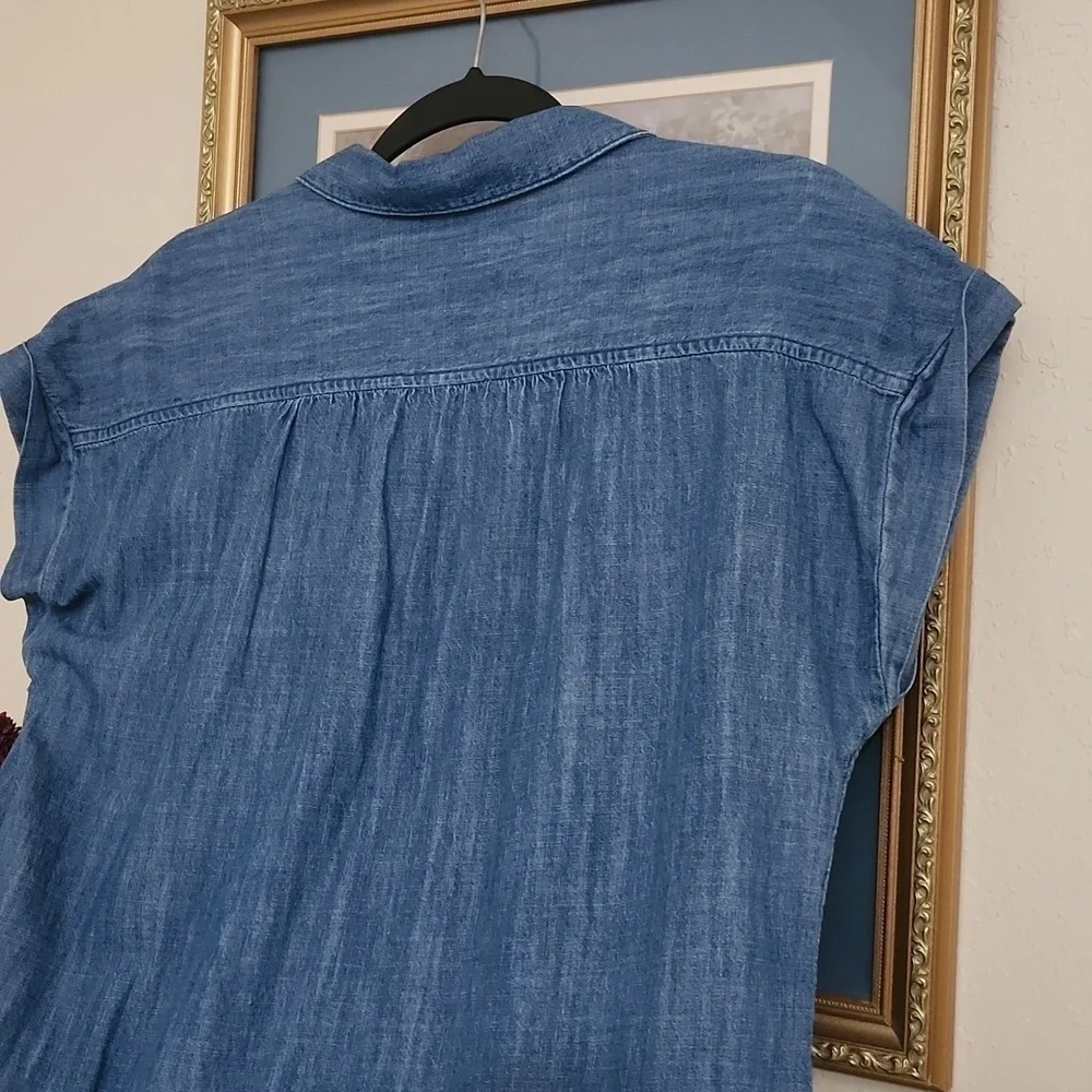 100%Cotton Chambray Cap-Sleeve Shirt Dress Size Medium Casual Lounge Coastal - Picture 10 of 11
